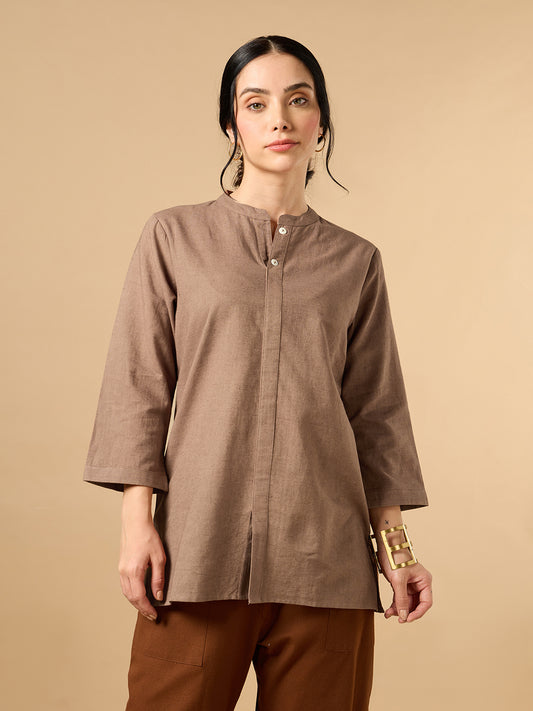 Classic Linen Light Brown Short Kurta