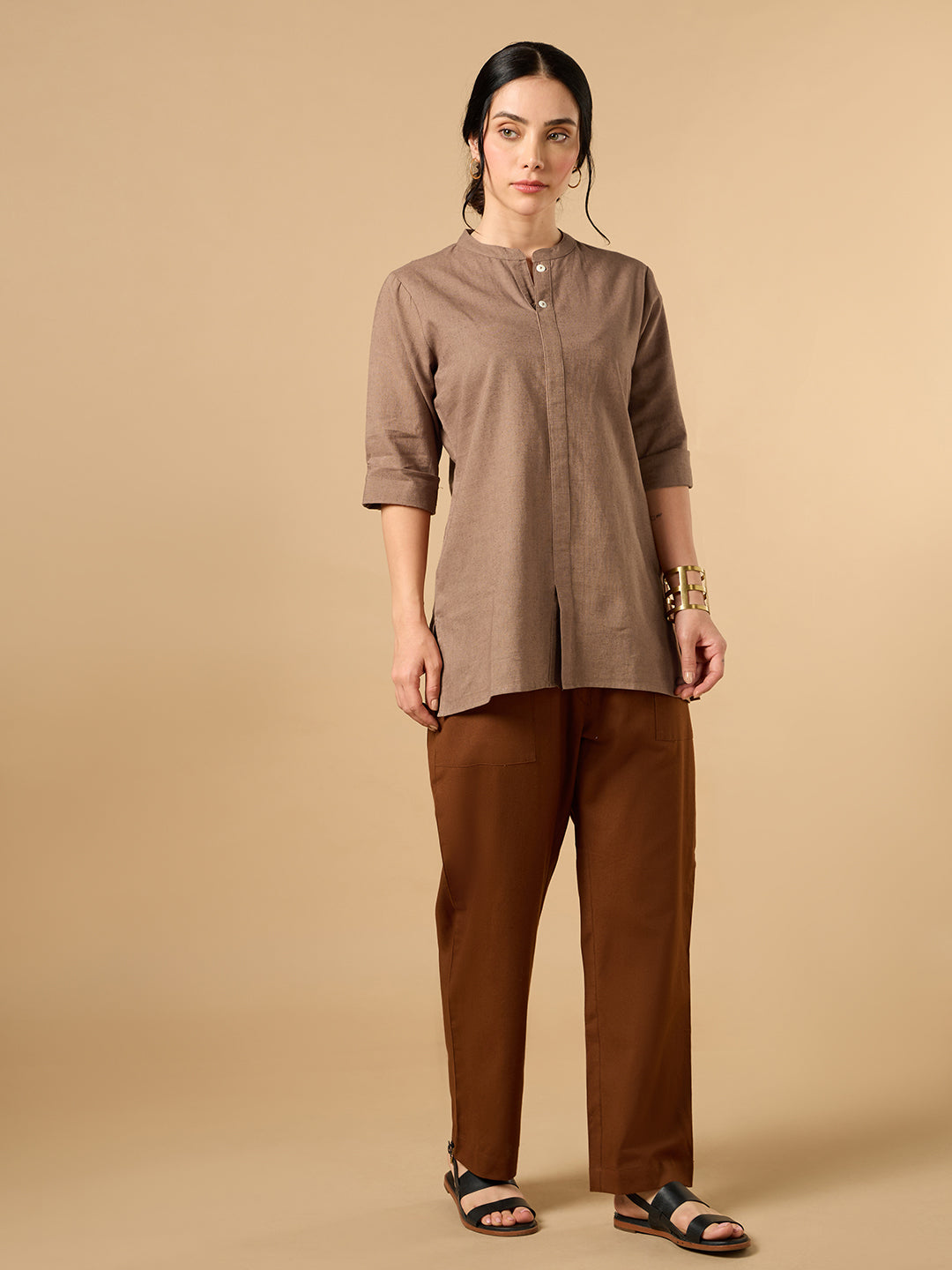 Classic Linen Light Brown Short Kurta