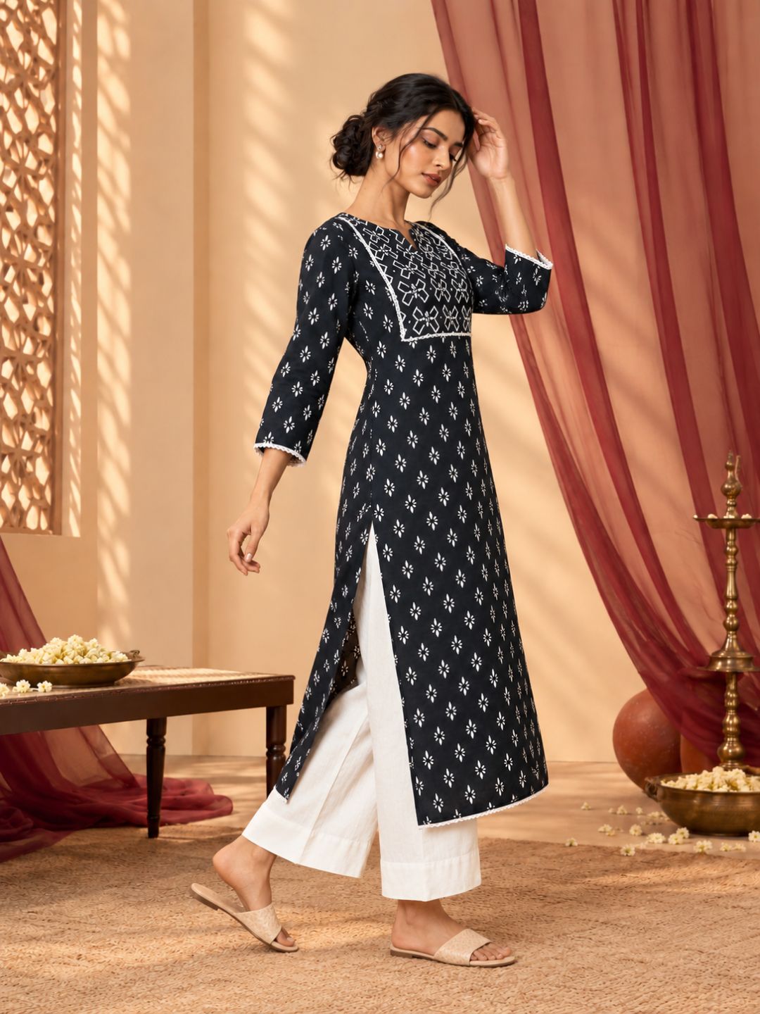 Black Sequence Work Rangoli Cotton Kurta