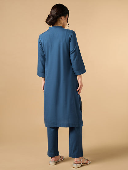 Classic Linen Navy Blue Straight Long Kurta