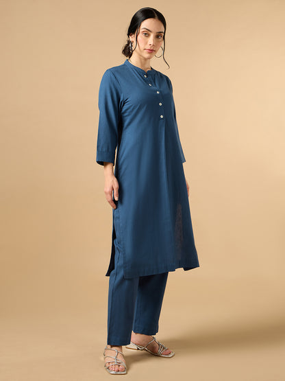 Classic Linen Navy Blue Straight Long Kurta