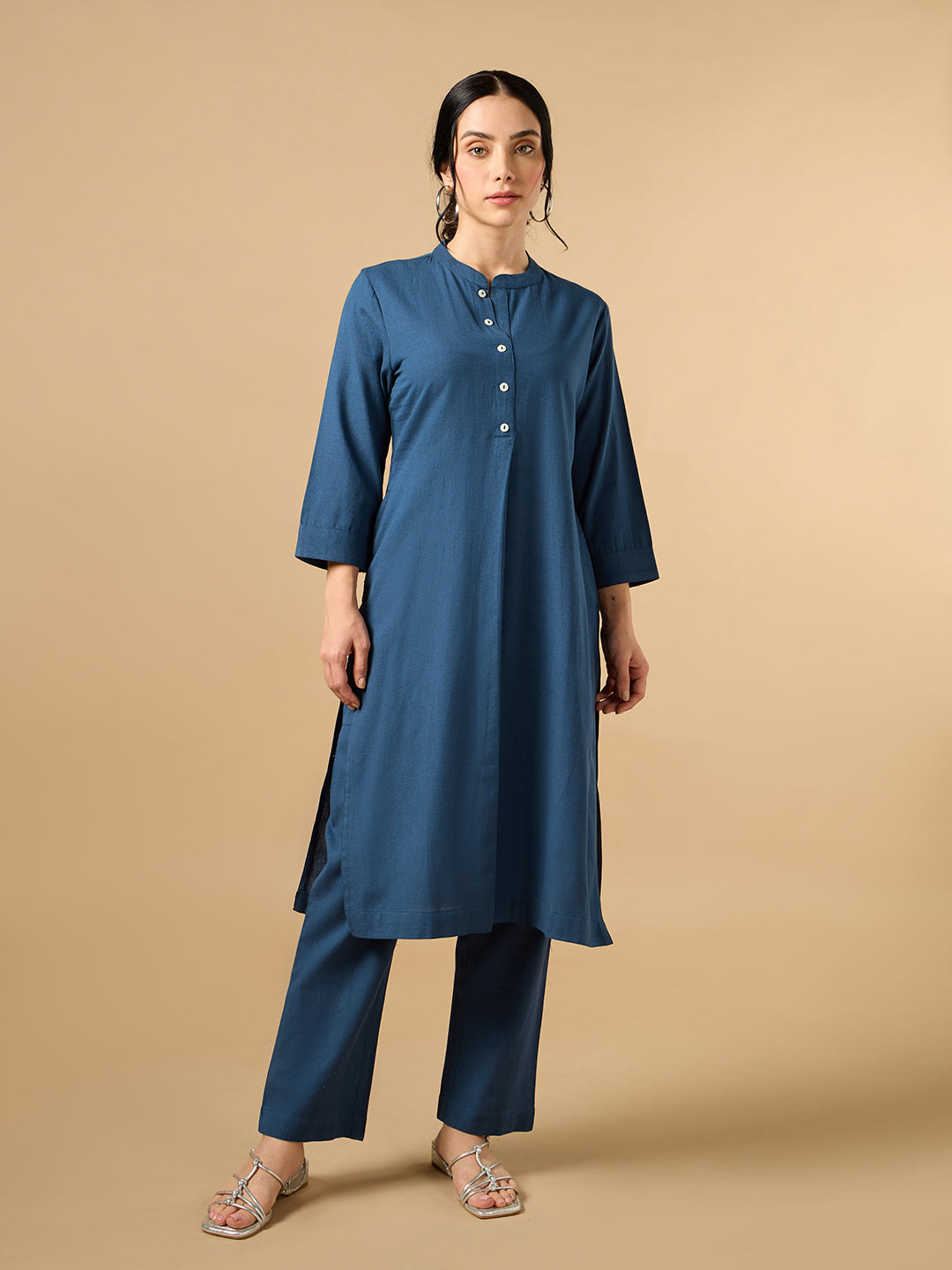 Classic Linen Navy Blue Straight Long Kurta