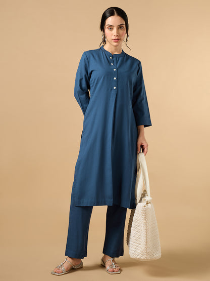 Classic Linen Navy Blue Straight Long Kurta