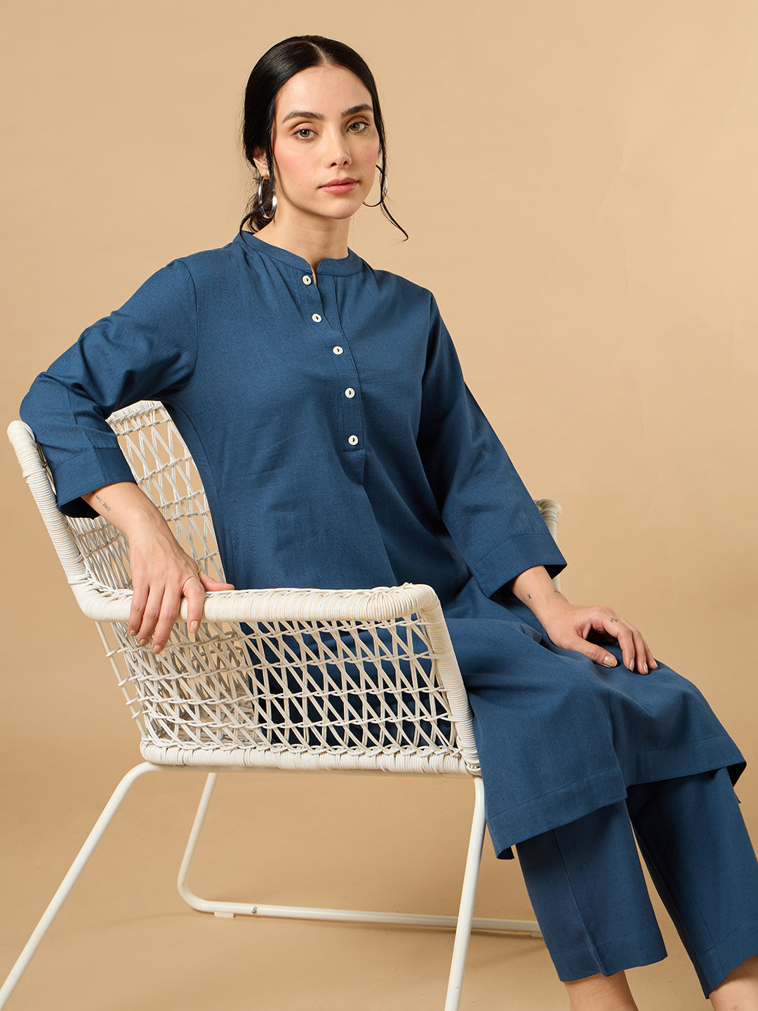 Classic Linen Navy Blue Straight Long Kurta