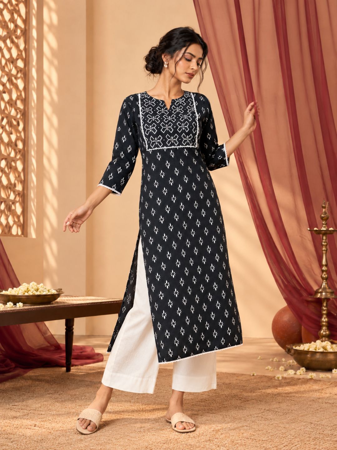 Black Sequence Work Rangoli Cotton Kurta