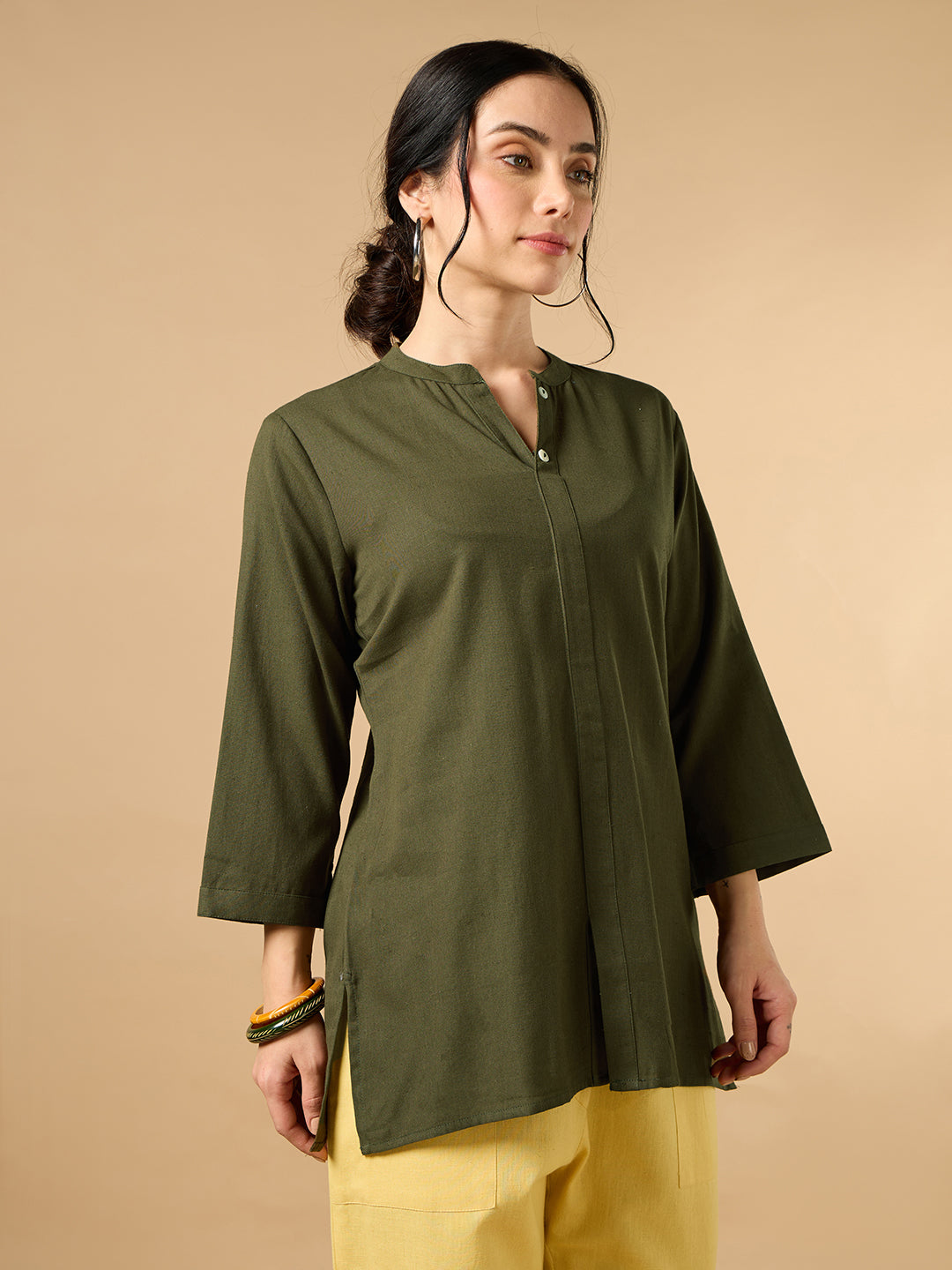 Classic Linen Army Green Short Kurta