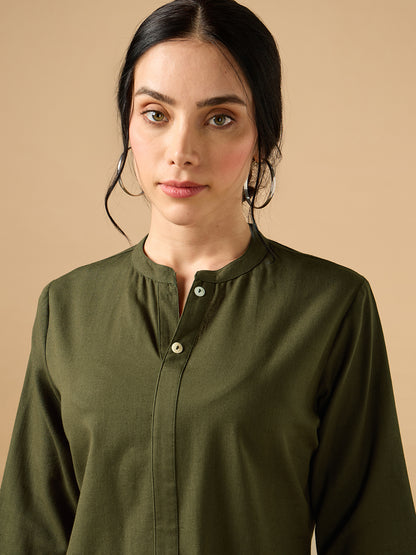 Classic Linen Army Green Short Kurta