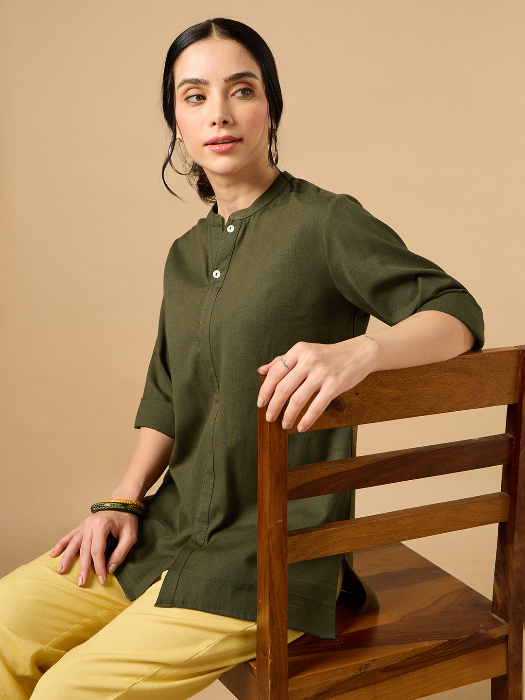 Classic Linen Army Green Short Kurta