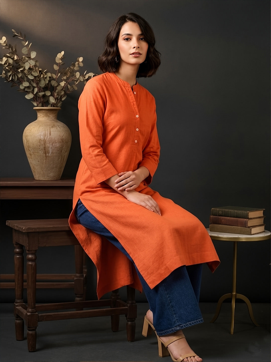Classic Linen Saffron Orange Straight Long Kurta
