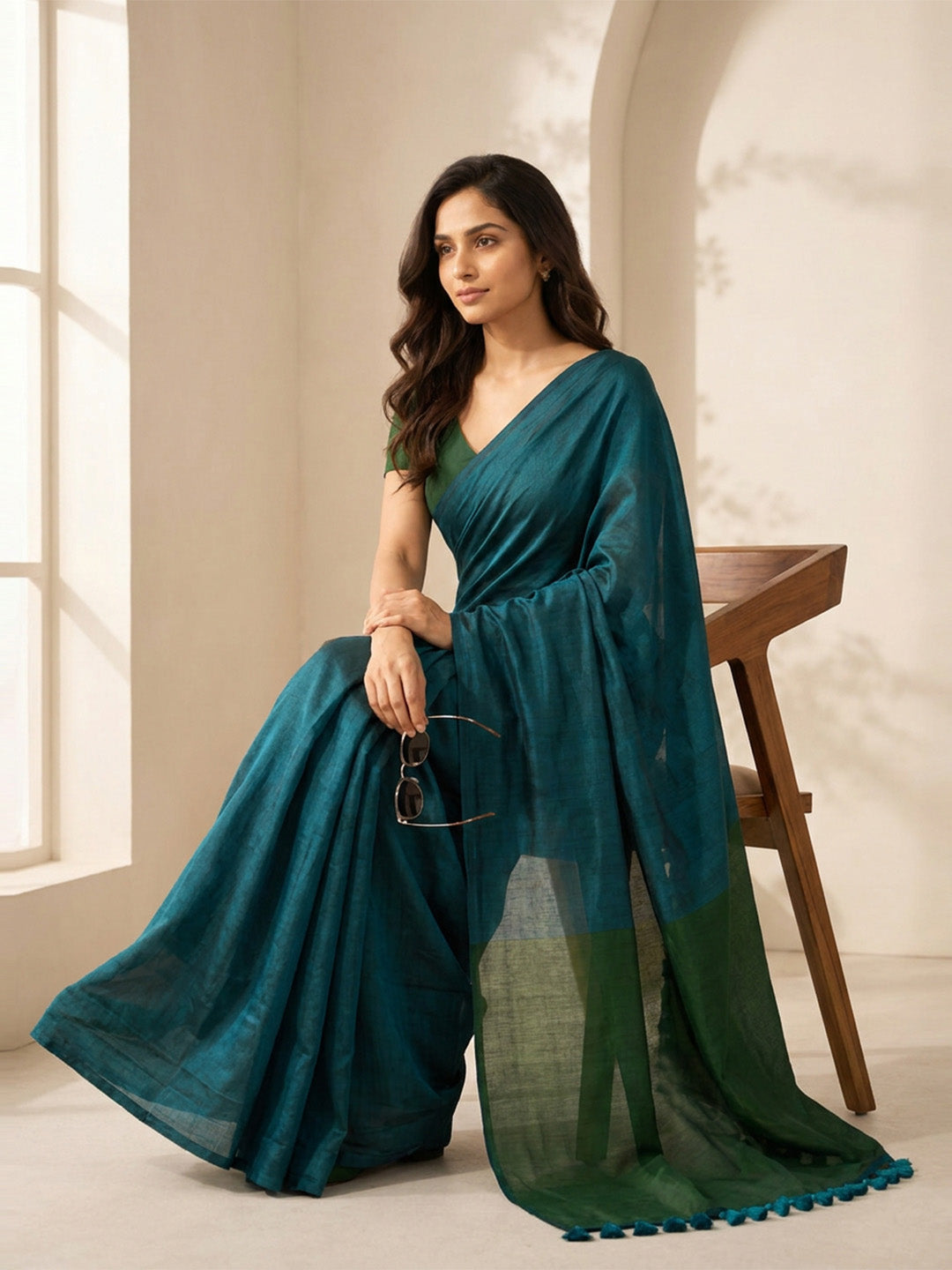 Dark Teal Green Contrast Cotton Saree