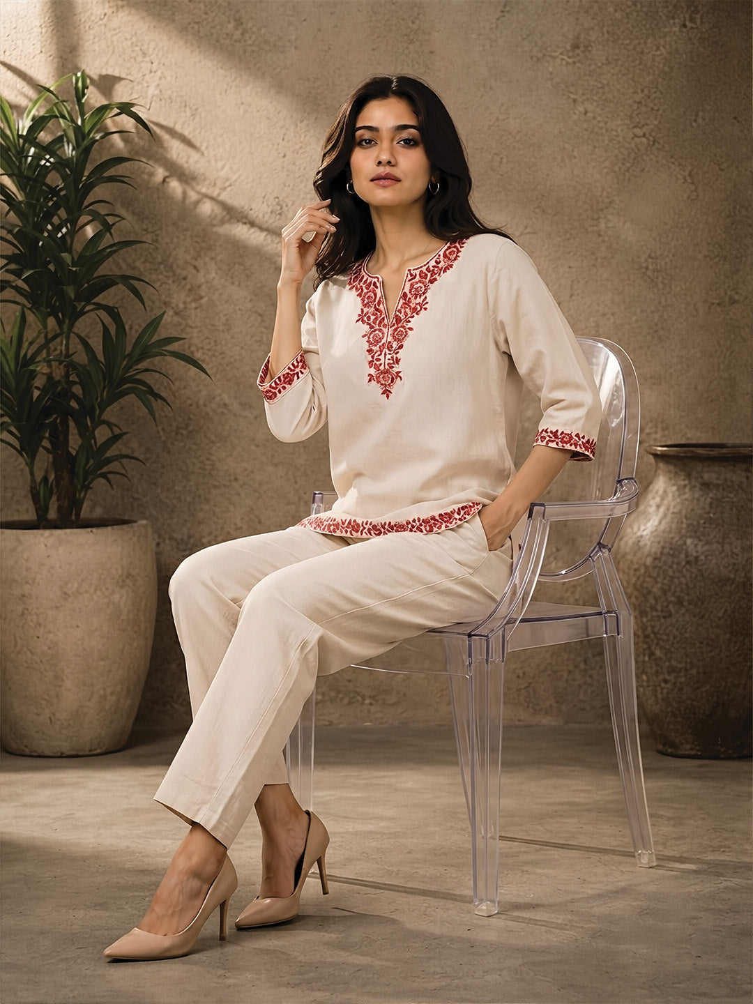 White & Red Floral Embroidered Short Kurta