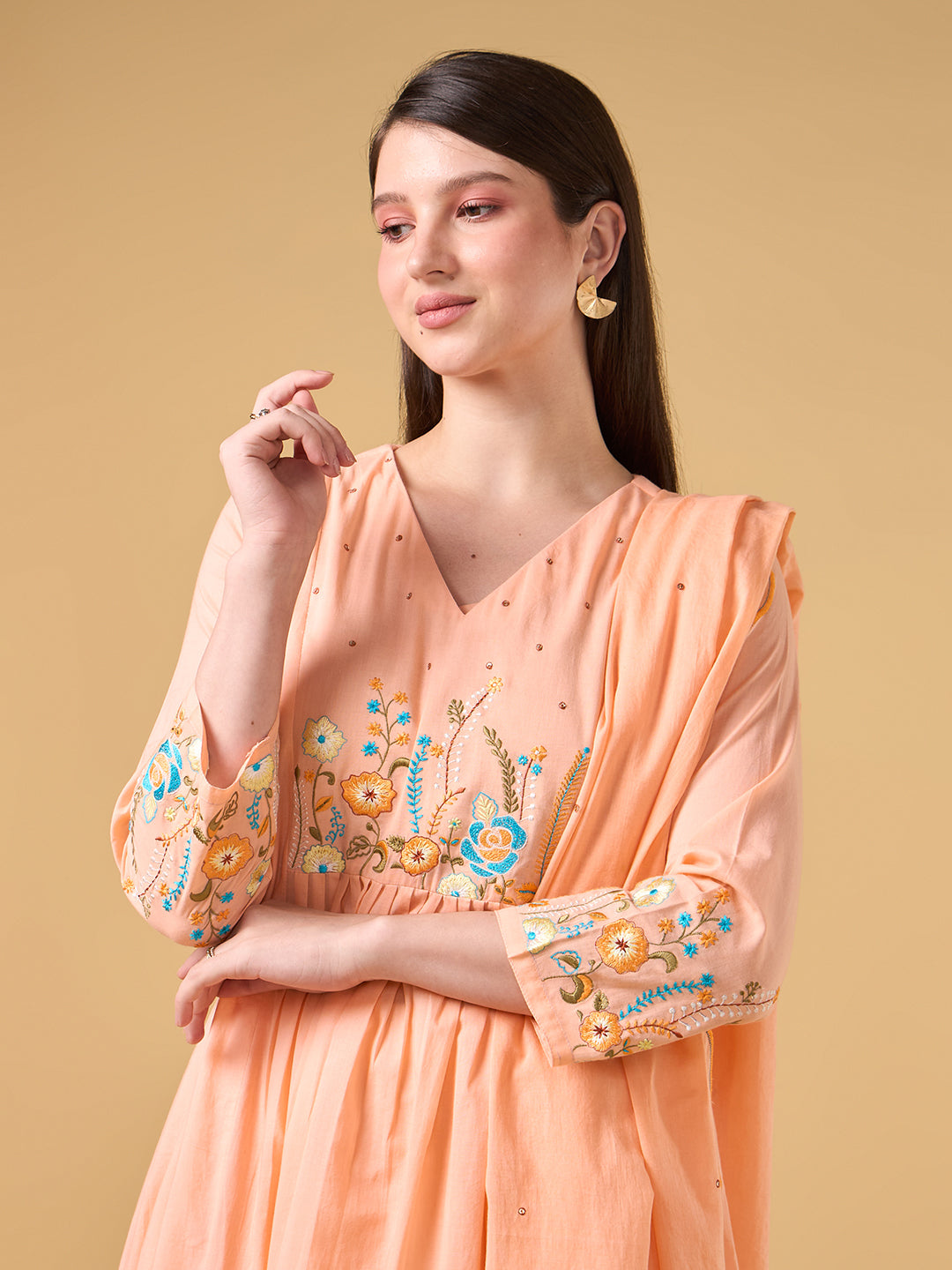 Peach Embroidered Cotton Suit