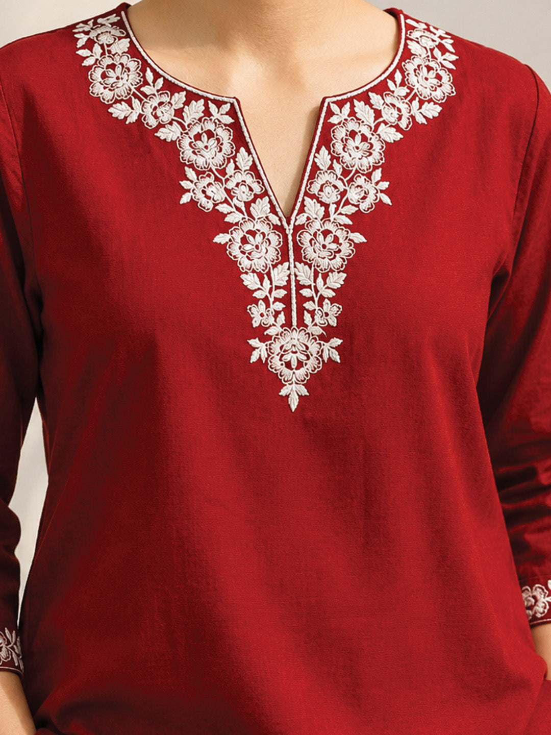 Red Floral Embroidered Short Kurta