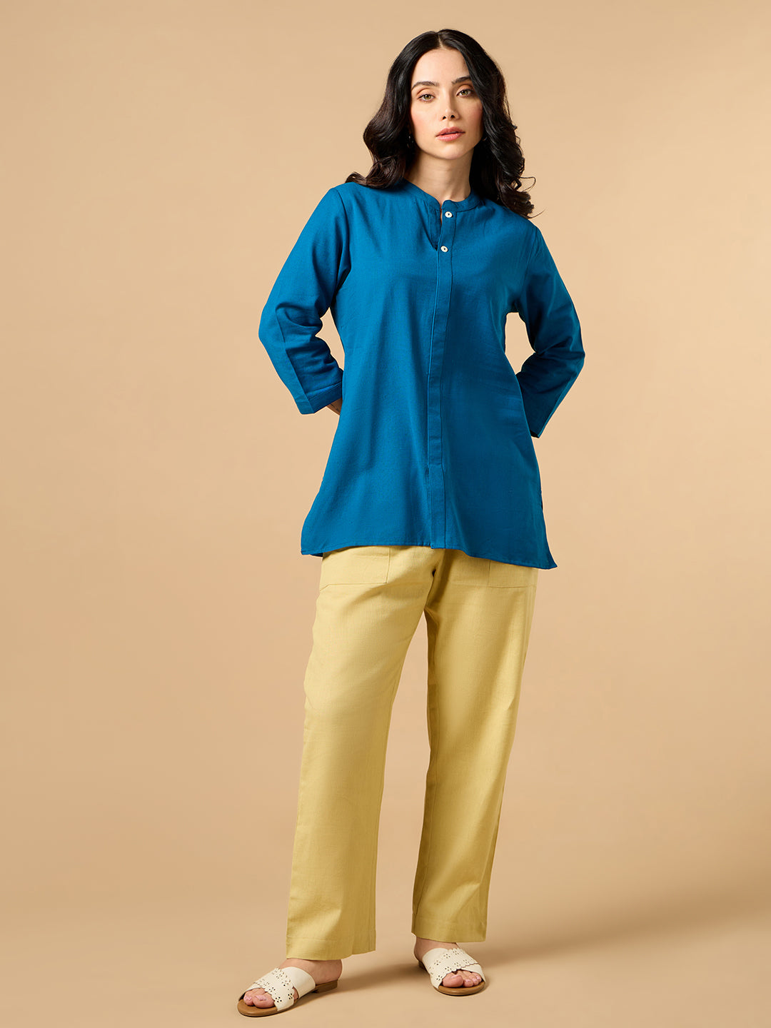 Classic Linen Spanish Blue Short kurta