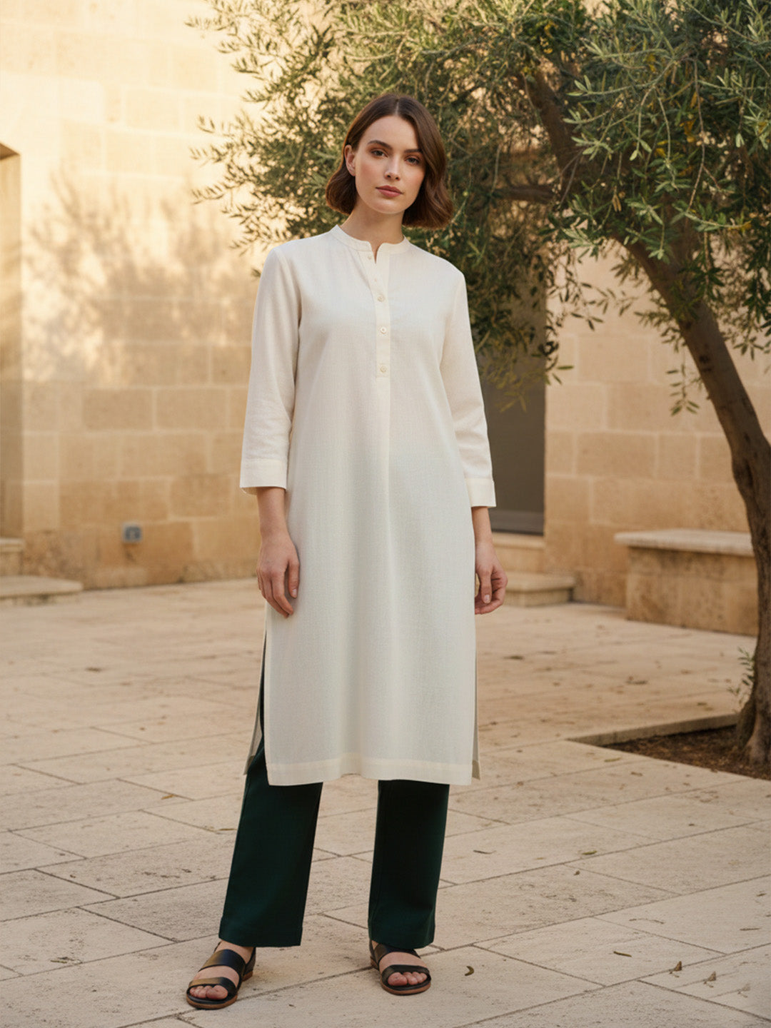 Classic Linen Off White Straight Long Kurta