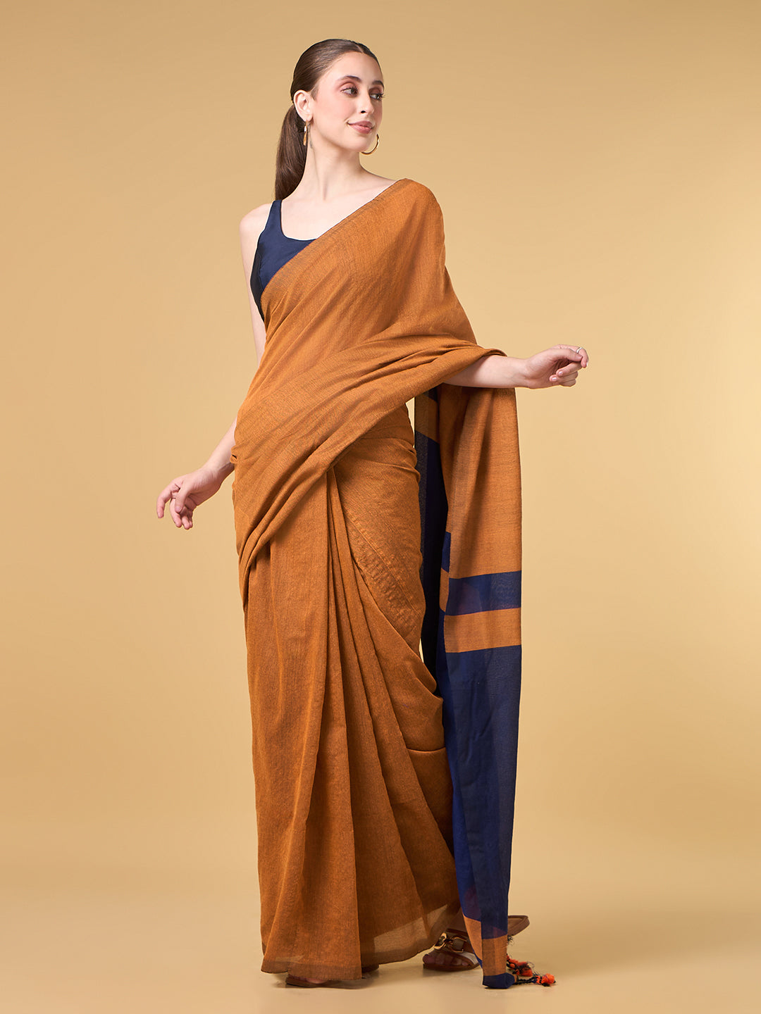 Dark Orange Blue Contrast Cotton Saree