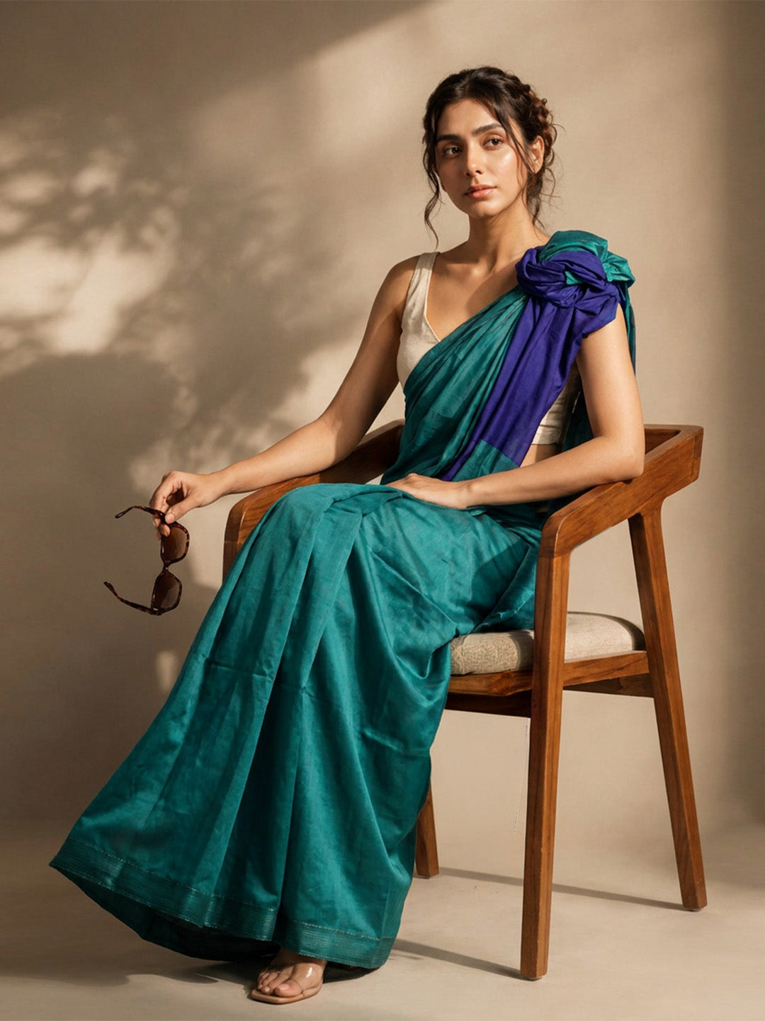 Teal Green Contrast Cotton Saree
