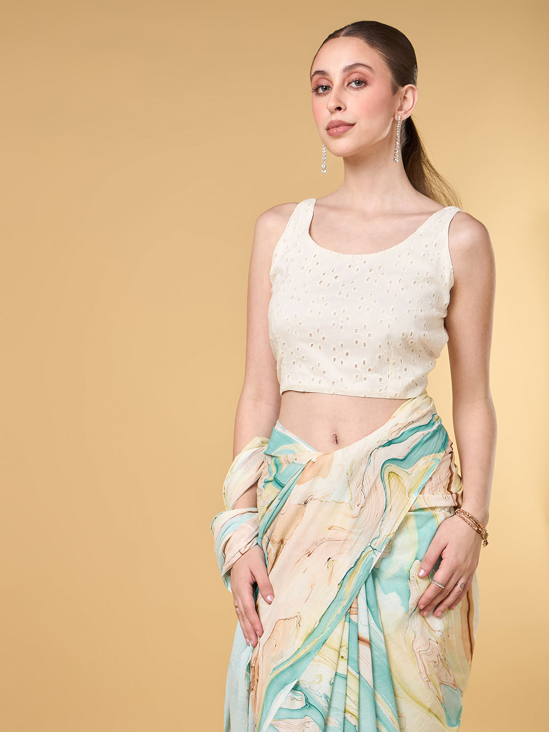 Ocean Blue Hand Marble Printed Cotton Saree