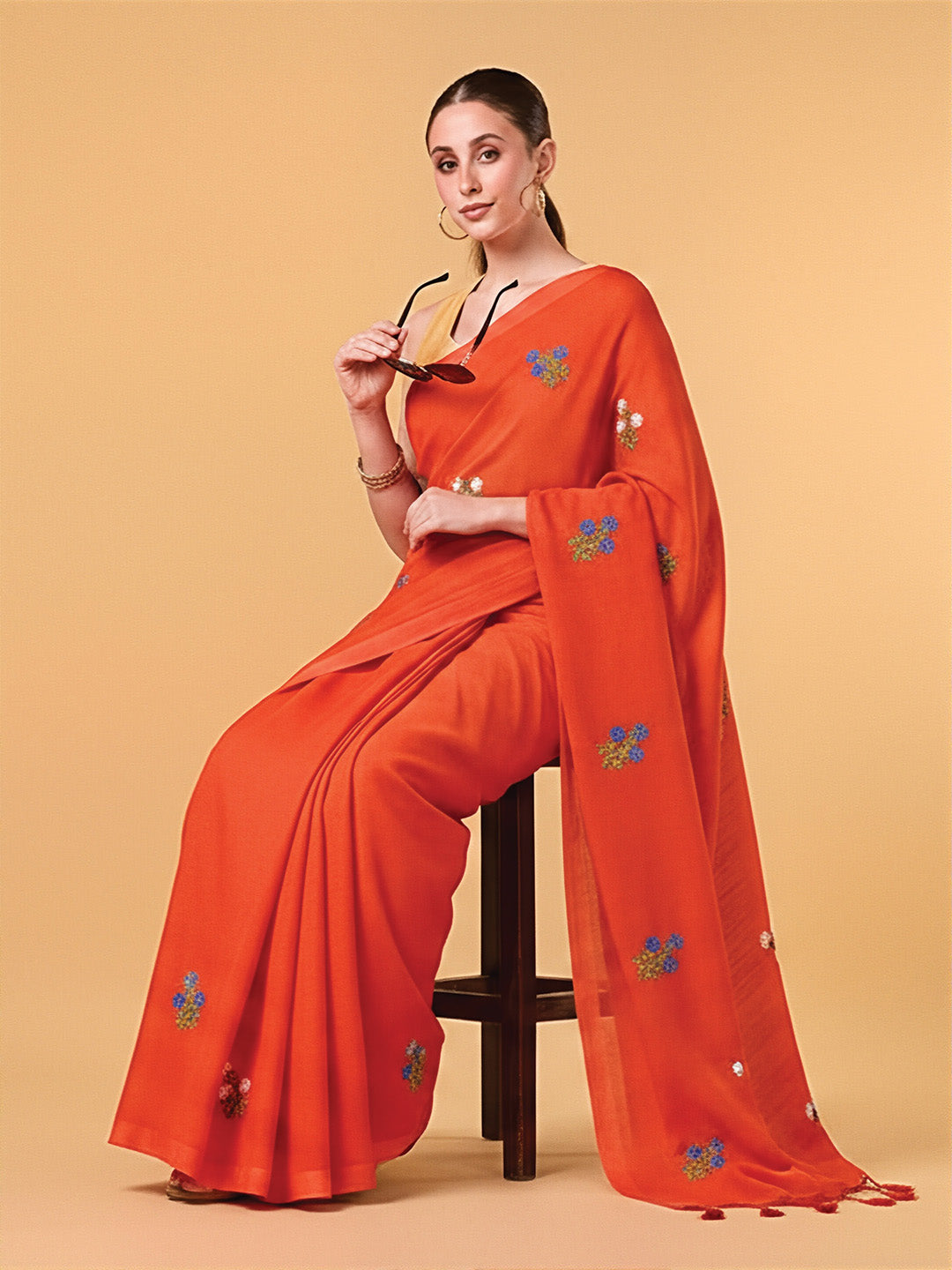 Saffron Floral Embroidered Cotton Saree