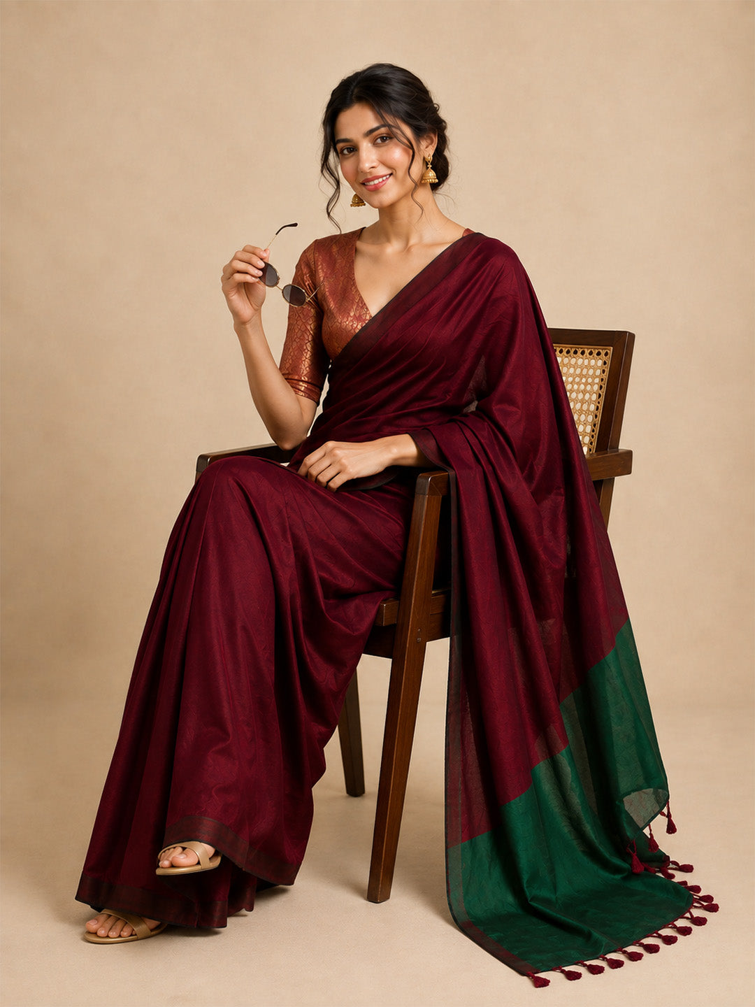 Maroon Green Contrast Cotton Saree