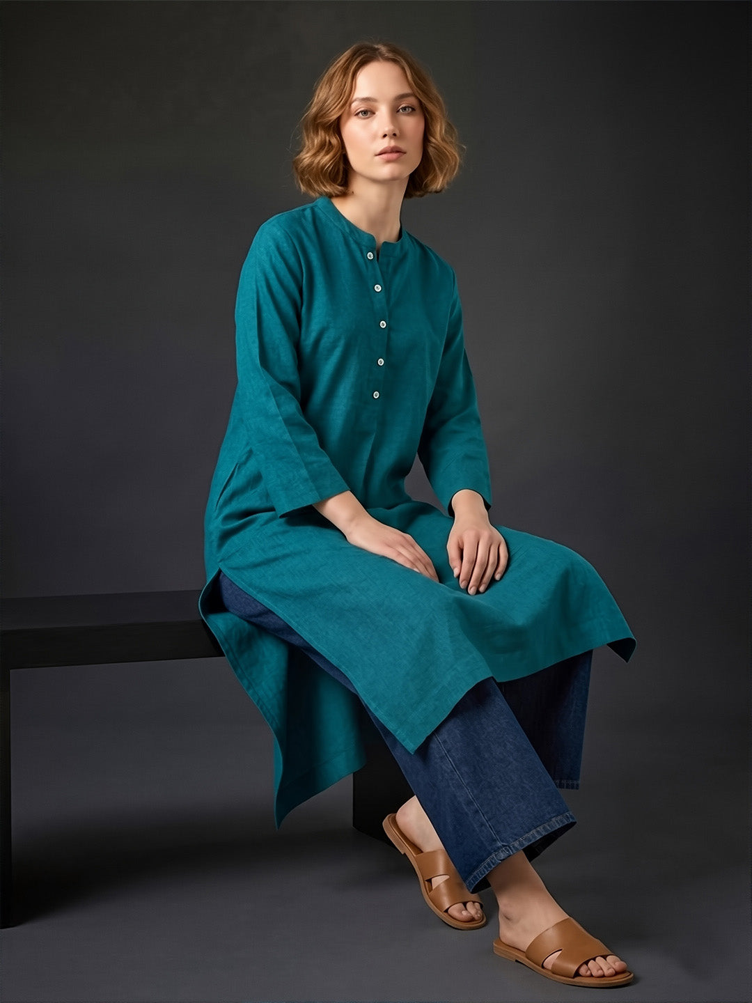 Classic Linen Teal Green Straight Long Kurta