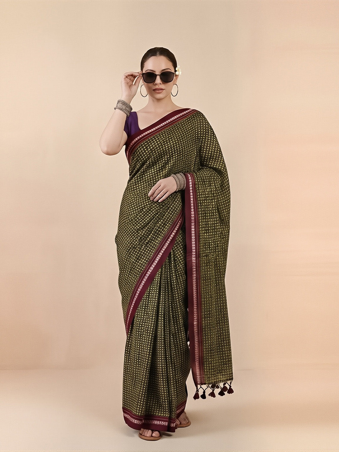 Heera Green Flower Cotton Khun Saree
