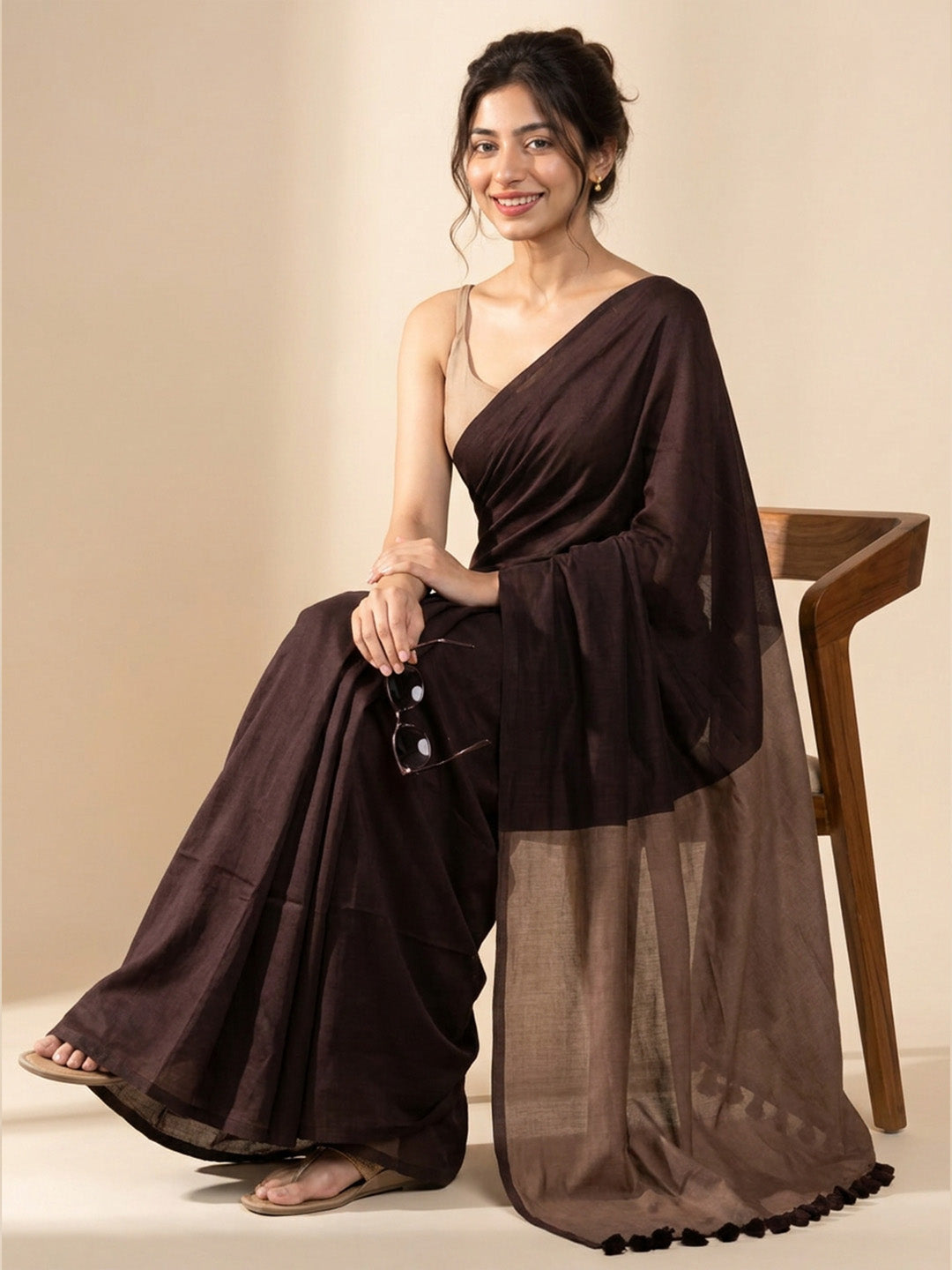 Dark Brown Contrast Cotton Saree
