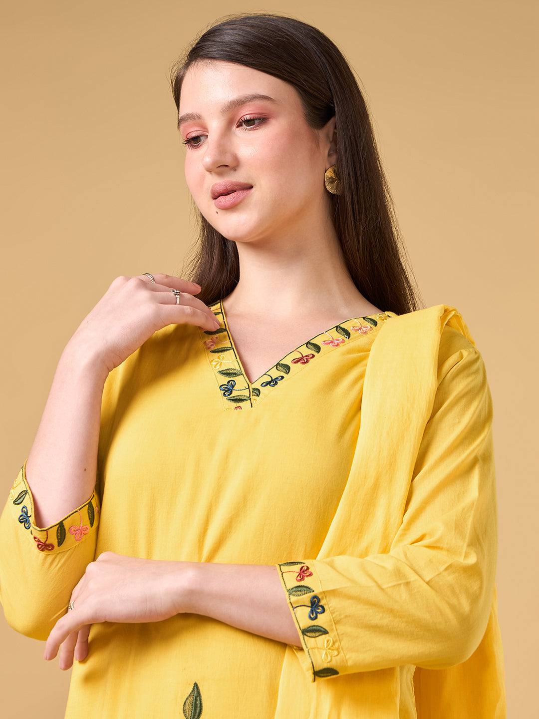 Yellow Embroidered Cotton Suit