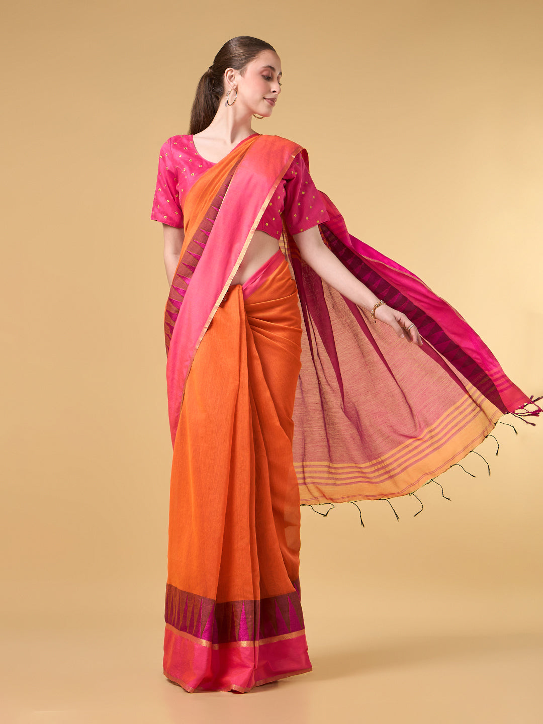 Saffron Temple Border Cotton Saree