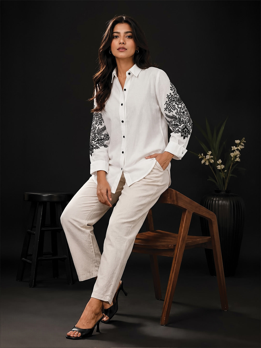 White Floral Embroidered Shirt