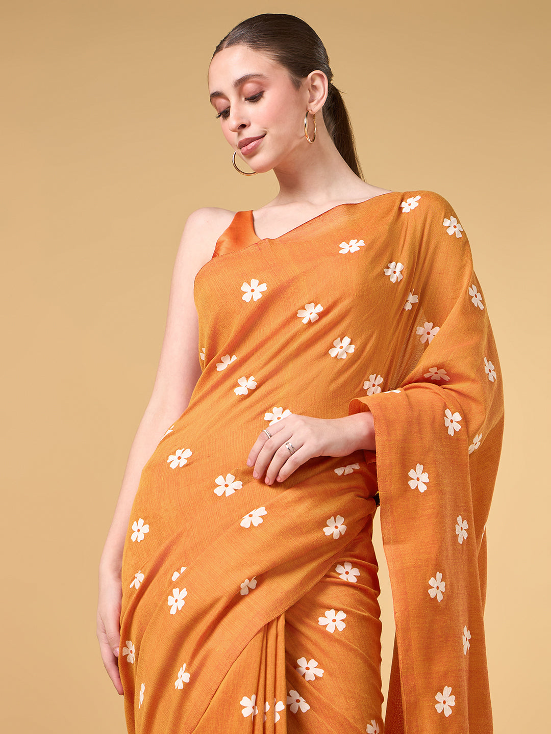 Saffron Parijat Handpainted Cotton Saree