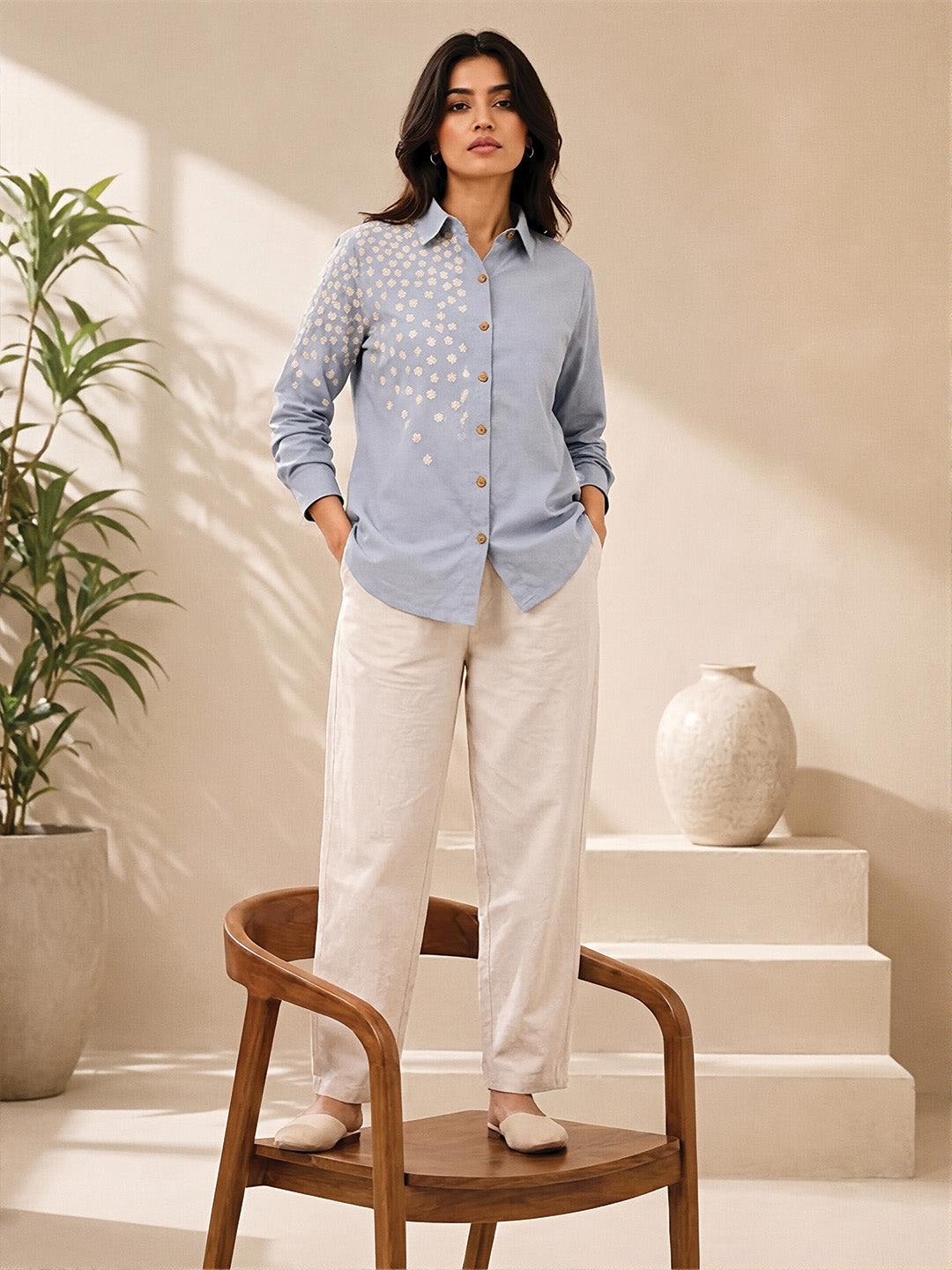 Sky Blue Flower Embroidered Shirt