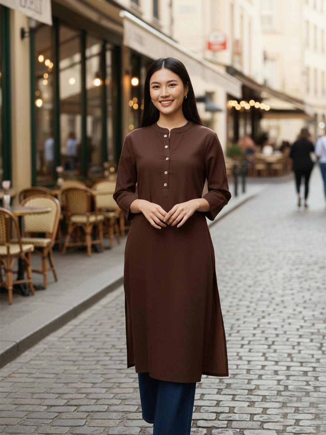 Classic Linen Dark Brown Straight Long Kurta