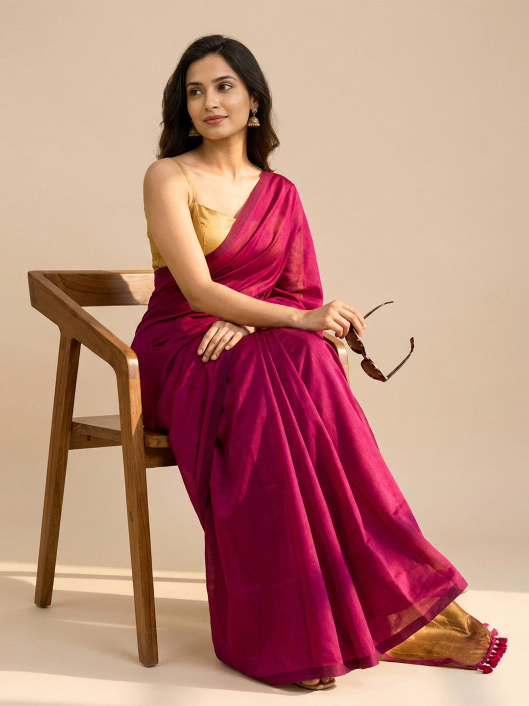 Rani Pink Gold Contrast Cotton Saree