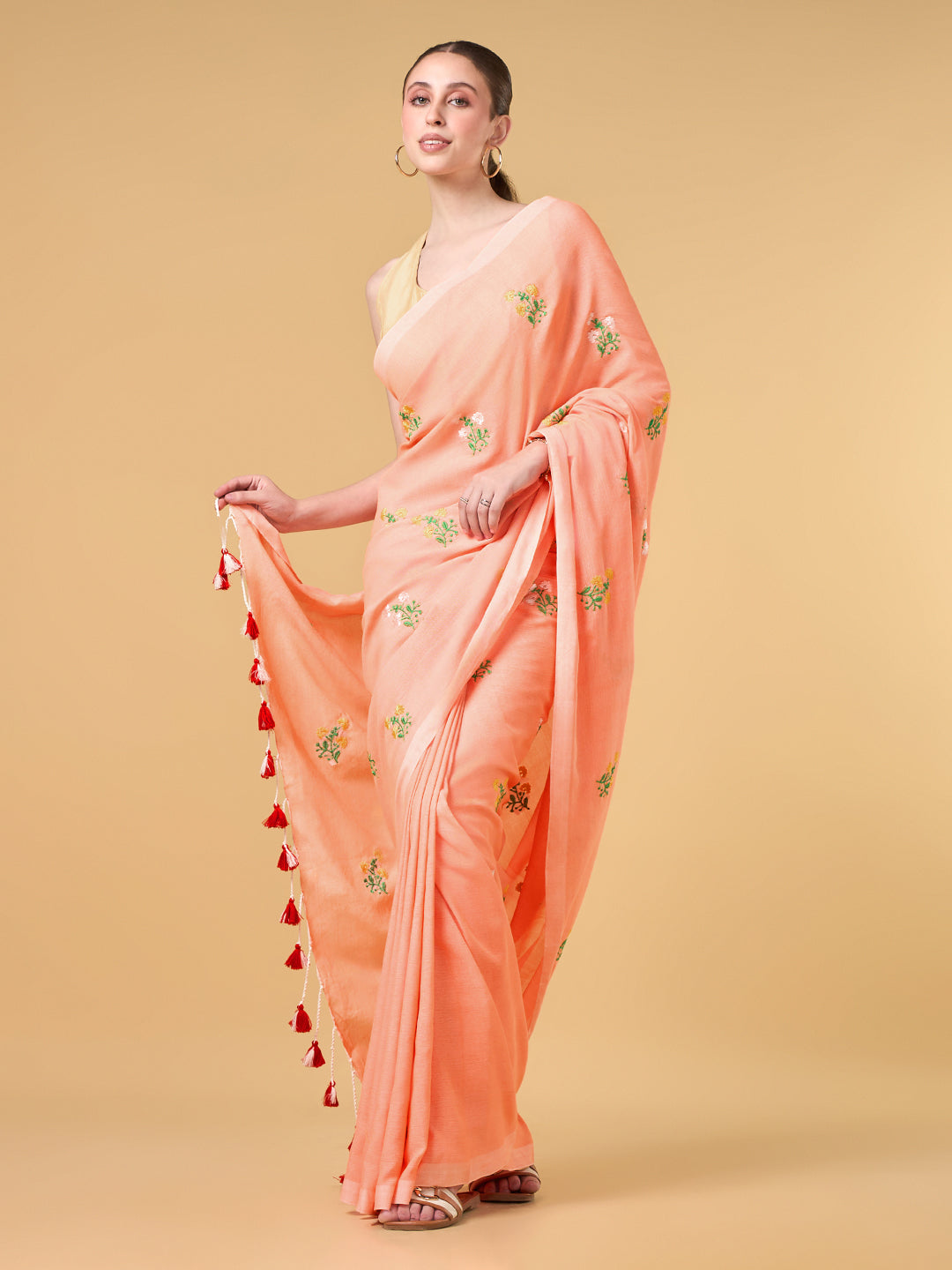 Pastel Orange Floral Embroidered Cotton Saree