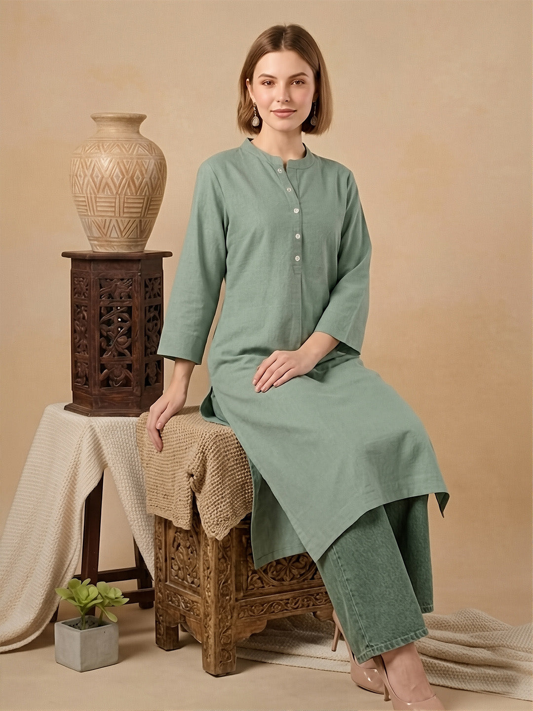 Classic Linen Smoke Green Straight Long Kurta
