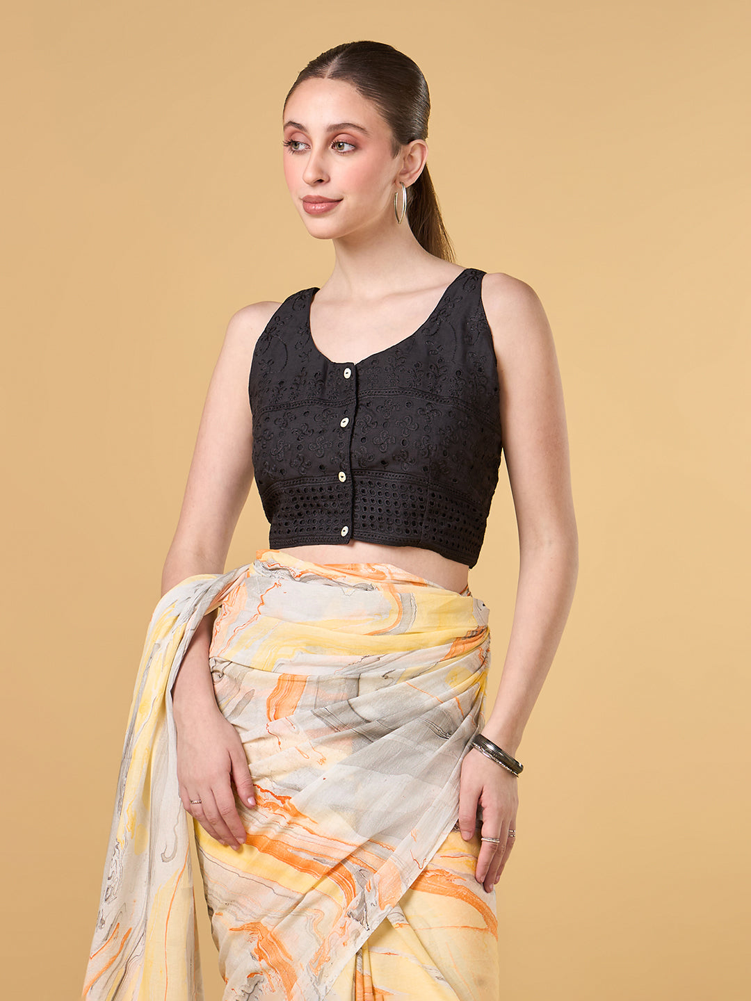 Yellow Abstract Hand Marble Printed Cotton Saree