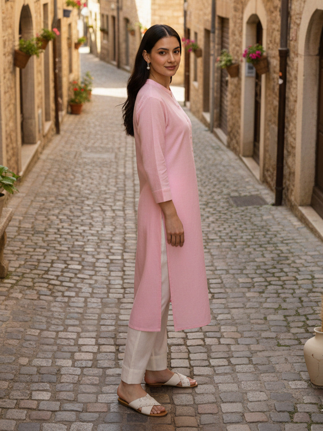 Classic Linen Baby Pink Straight Long Kurta