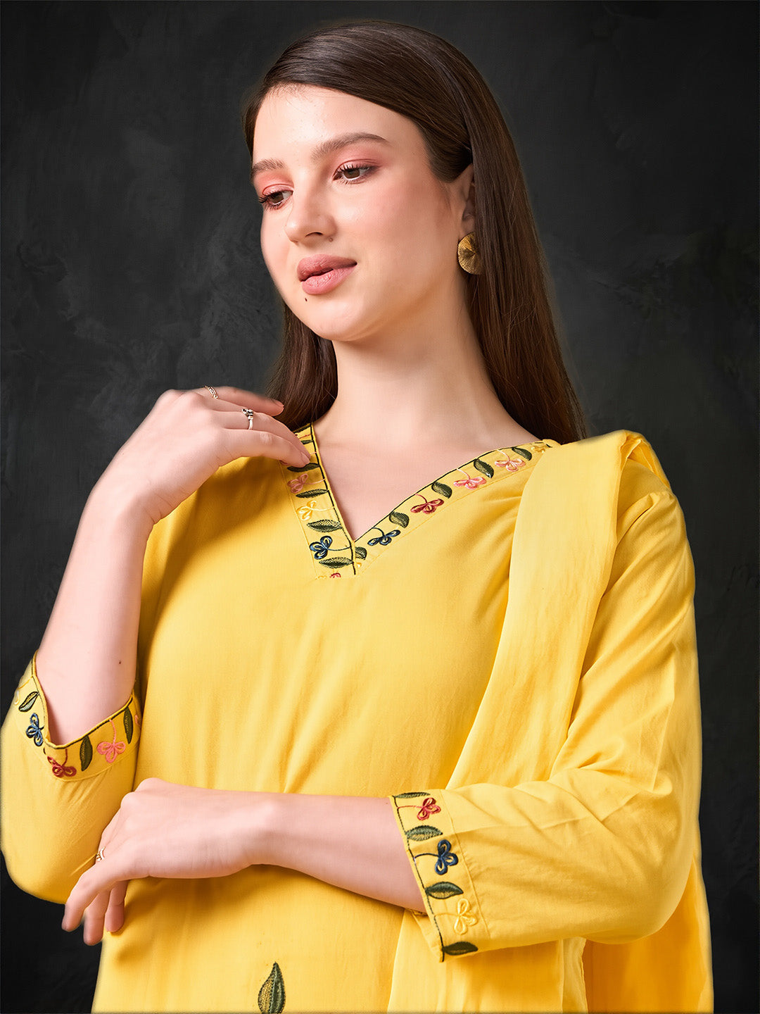 Yellow Embroidered Cotton Suit