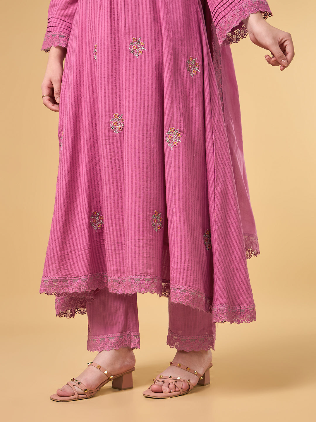 Pink Stripe Embroidered Cotton Suit