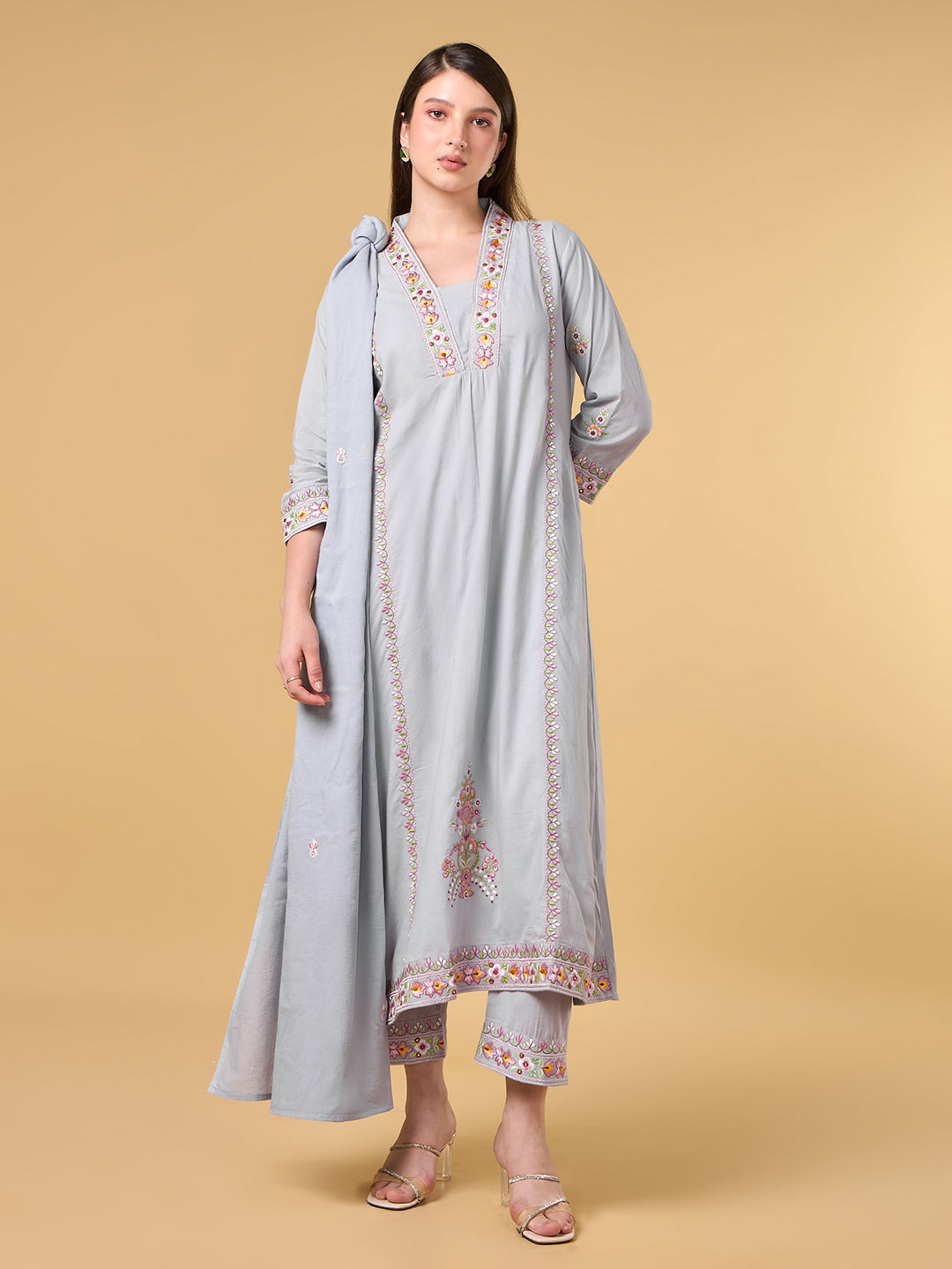 Grey Embroidered Cotton Suit