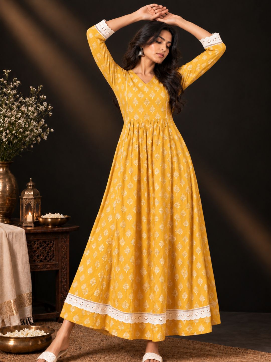 Mustard Lace Work Cotton kurta