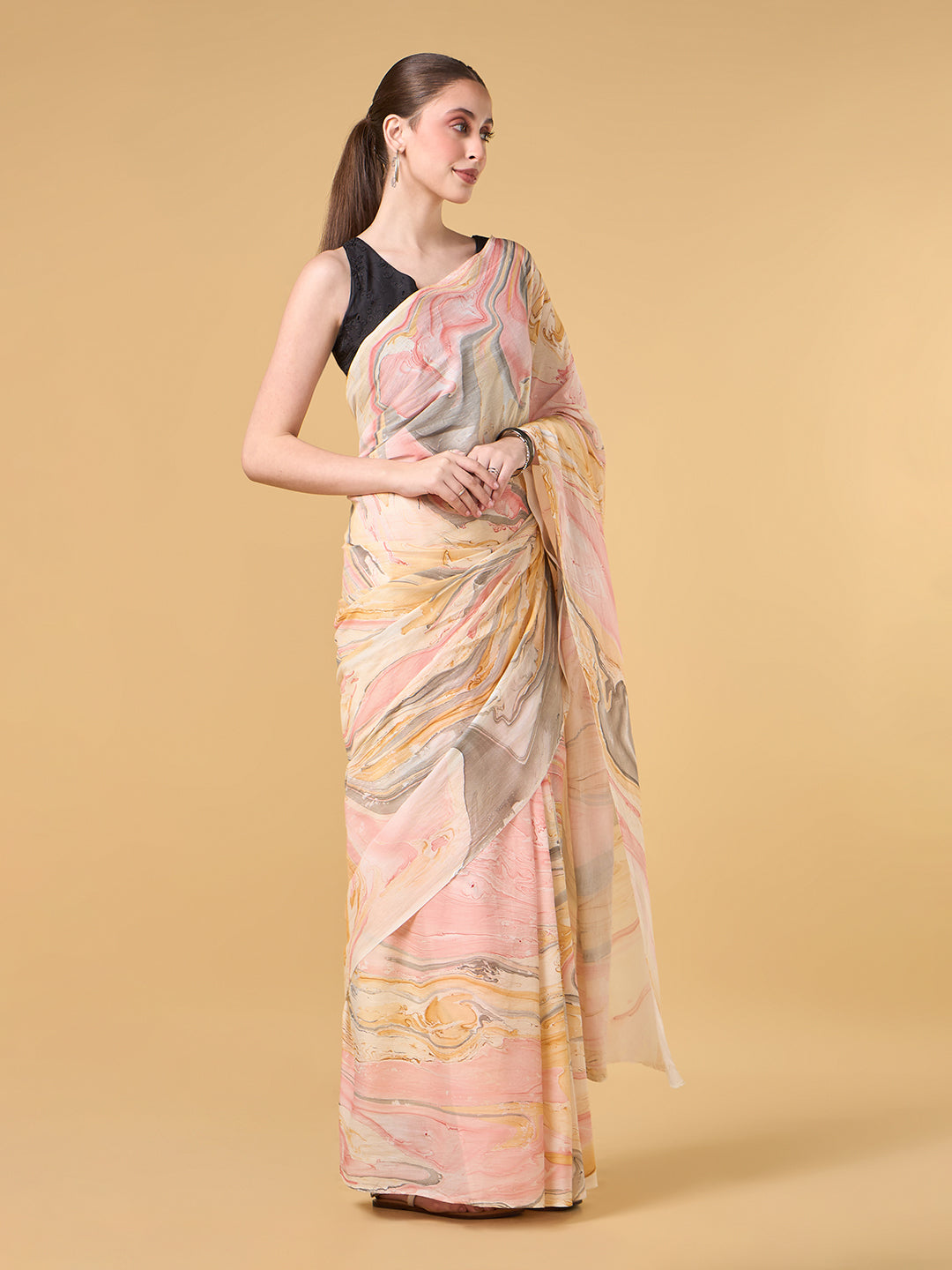 Pale Grey Hand Marble Printed Cotton Saree