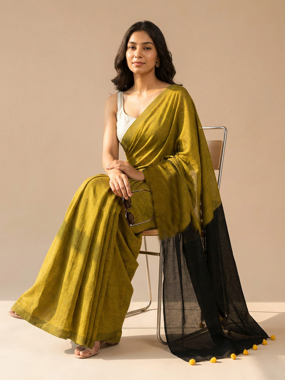Olive Green Pink Contrast Cotton Saree