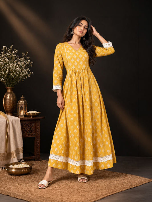 Mustard Lace Work Cotton kurta