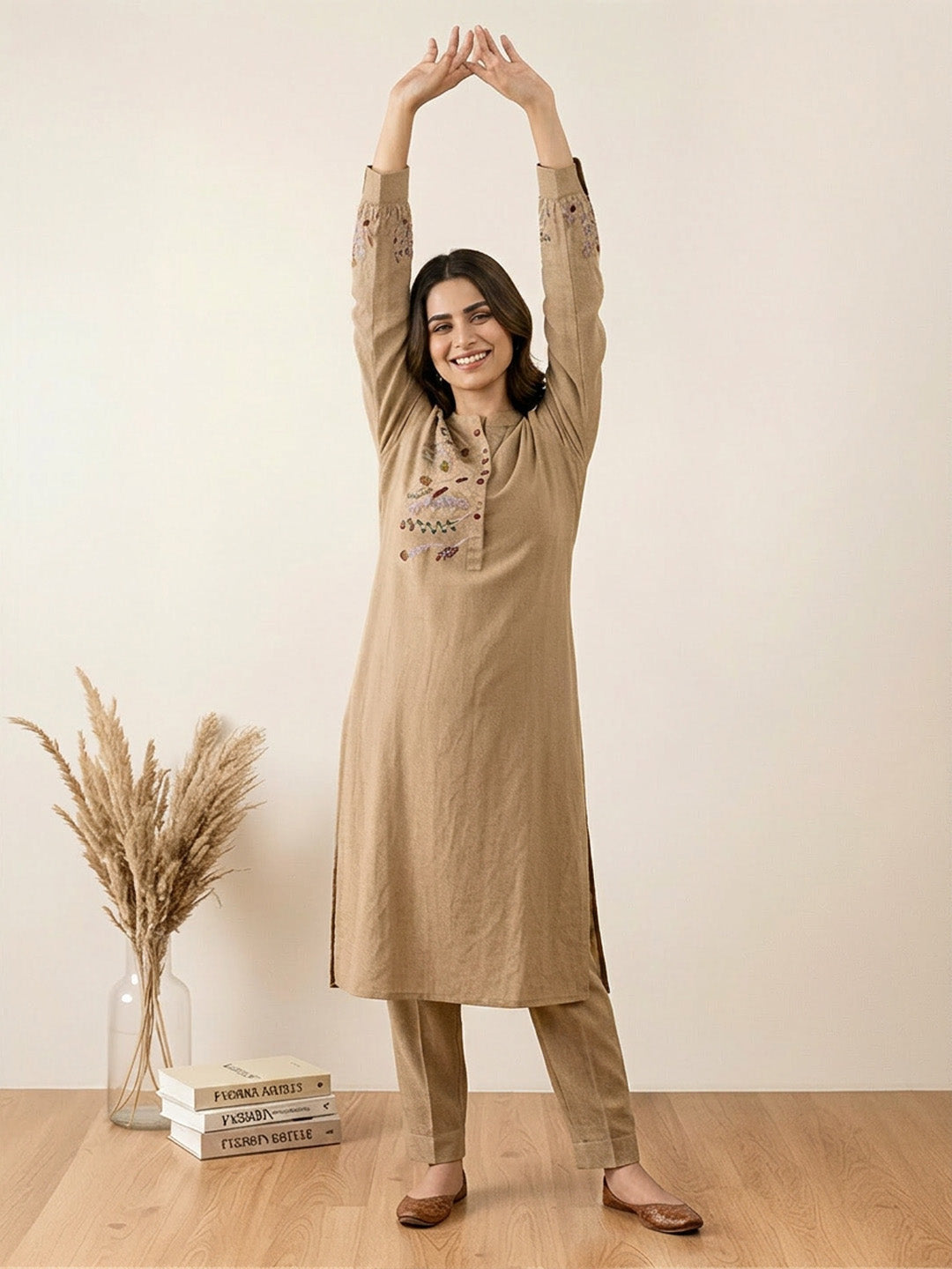 Light Brown Embroidered Work linen Coord Set