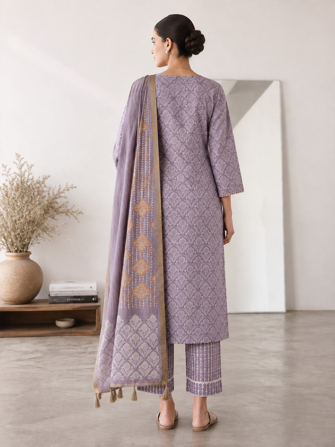 Misty Lavender Floral Block Print Cotton Suit