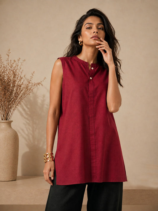 Linen Maroon Solid Short Kurta