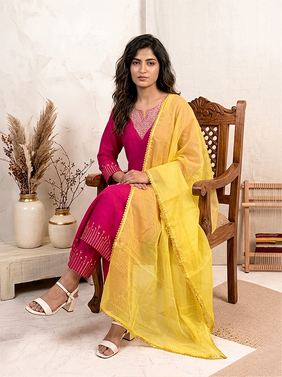 Saanjh Rani Pink Mirror Work Cotton Suits