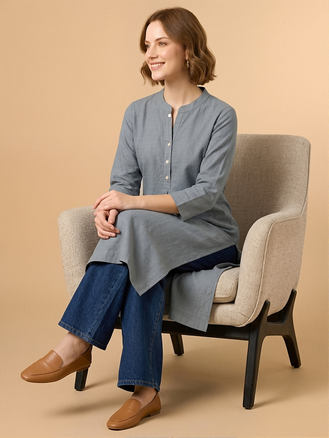 Classic Linen Grey Straight Long Kurta
